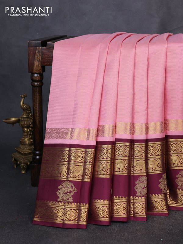 Puer kanchipuram silk saree peach pink and deep wine shade with allover vairaosi pattern and long rettapet zari woven border