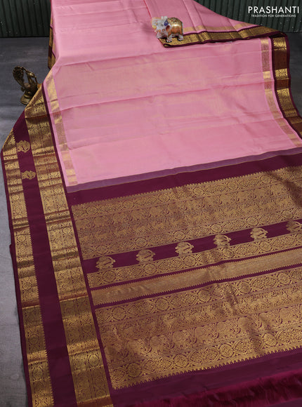 Puer kanchipuram silk saree peach pink and deep wine shade with allover vairaosi pattern and long rettapet zari woven border