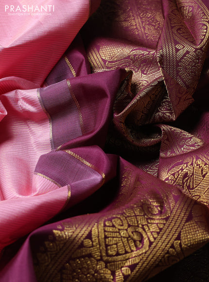 Puer kanchipuram silk saree peach pink and deep wine shade with allover vairaosi pattern and long rettapet zari woven border