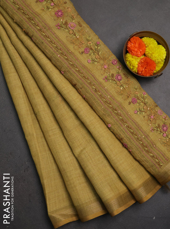 Linen saree mustard yellow with embroidery buttas and embroidery pallu