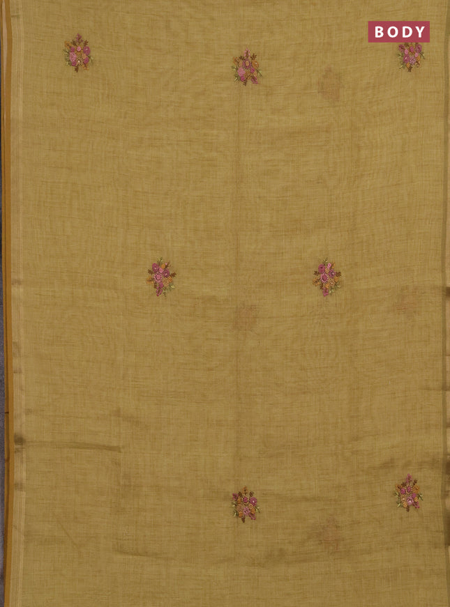 Linen saree mustard yellow with embroidery buttas and embroidery pallu