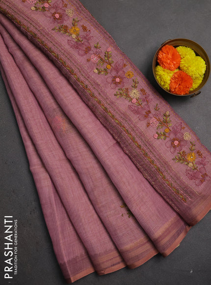 Linen saree pastel pink with embroidery buttas and embroidery pallu