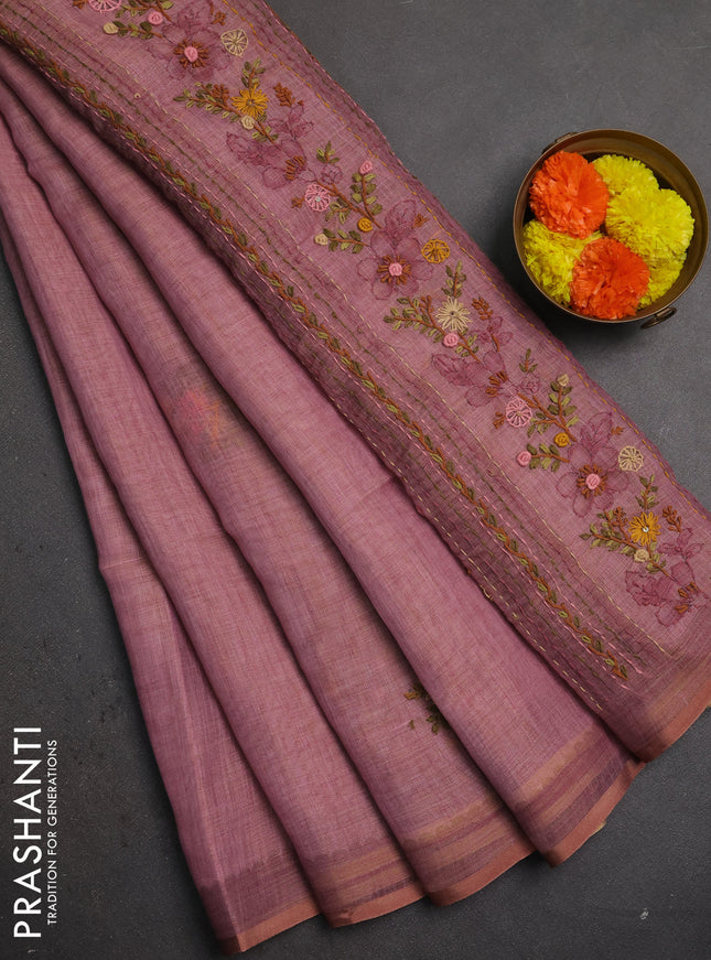 Linen saree pastel pink with embroidery buttas and embroidery pallu