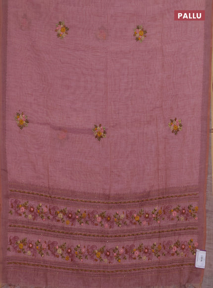 Linen saree pastel pink with embroidery buttas and embroidery pallu