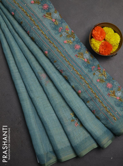 Linen saree teal blue with embroidery buttas and embroidery pallu
