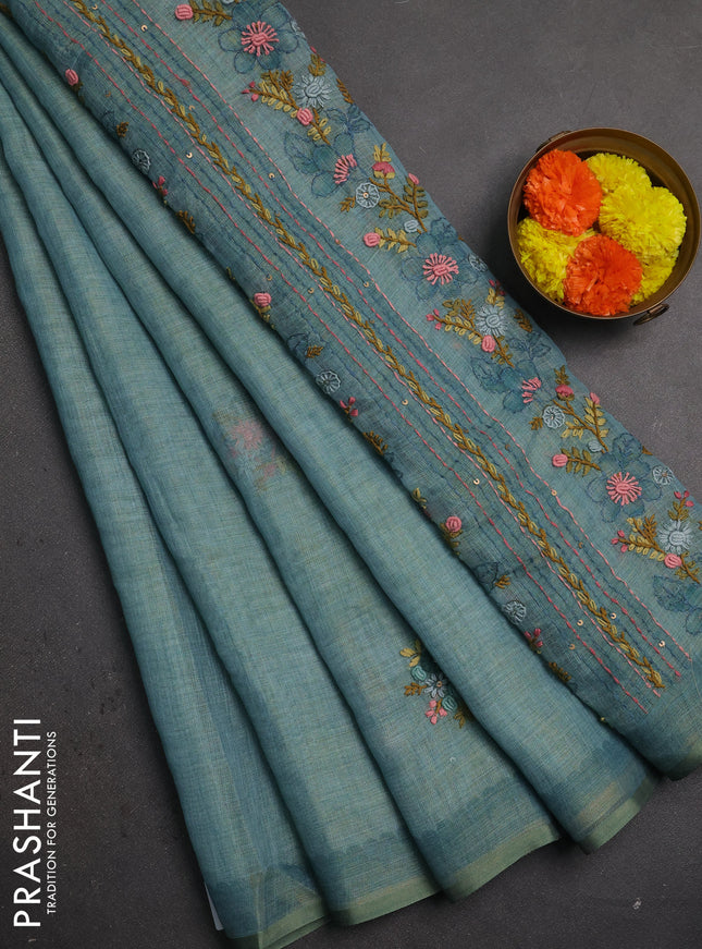 Linen saree teal blue with embroidery buttas and embroidery pallu