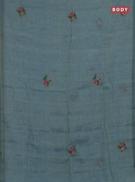 Linen saree teal blue with embroidery buttas and embroidery pallu