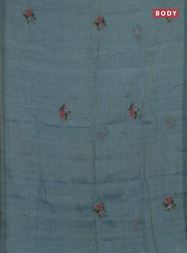 Linen saree teal blue with embroidery buttas and embroidery pallu
