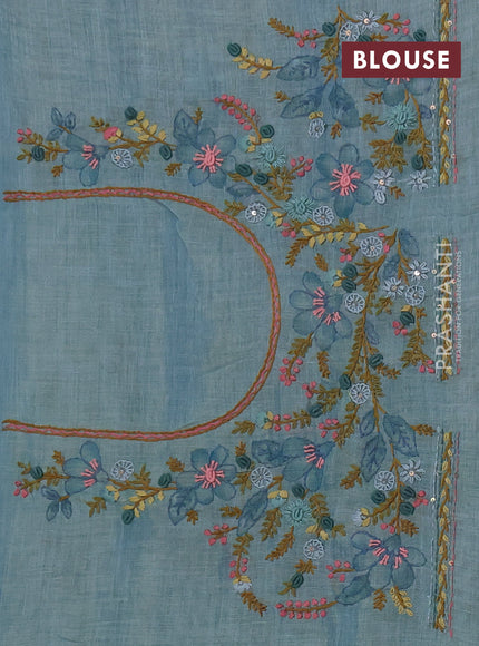 Linen saree teal blue with embroidery buttas and embroidery pallu