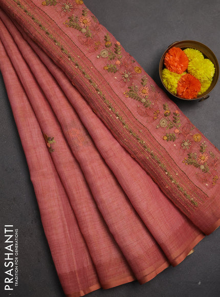Linen saree dark peach with embroidery buttas and embroidery pallu