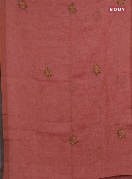 Linen saree dark peach with embroidery buttas and embroidery pallu