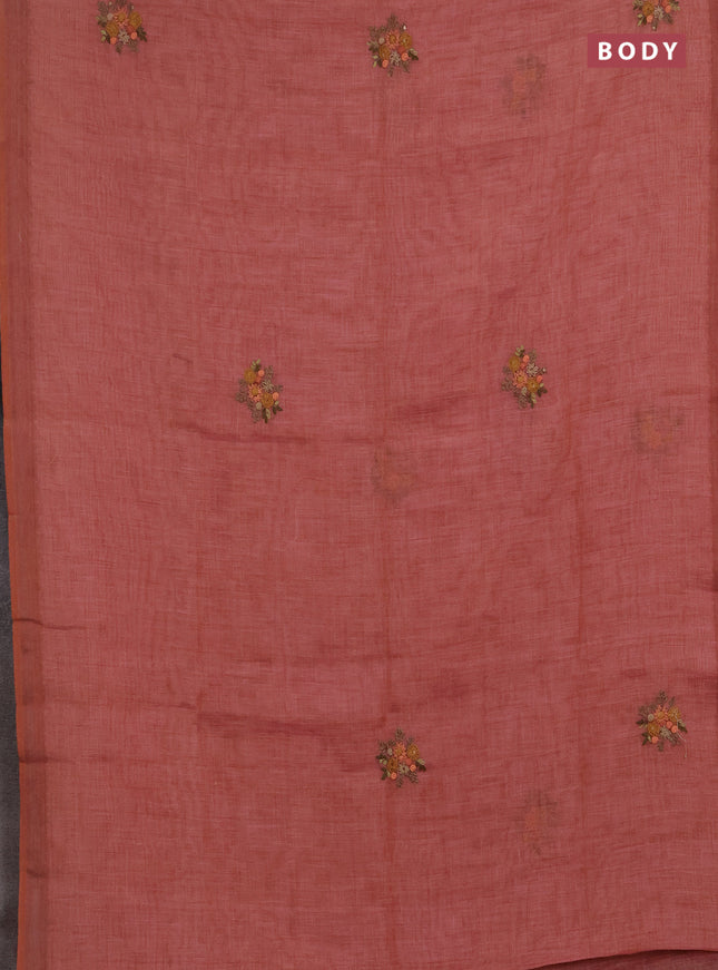 Linen saree dark peach with embroidery buttas and embroidery pallu