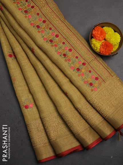 Linen saree dark mustard with embroidery buttas and embroidery pallu & border