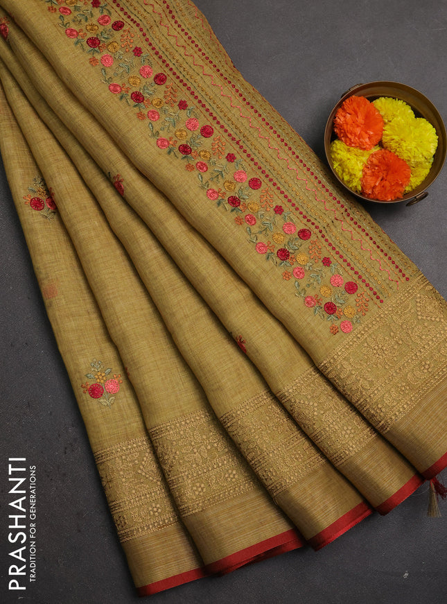 Linen saree dark mustard with embroidery buttas and embroidery pallu & border