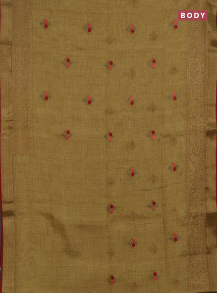 Linen saree dark mustard with embroidery buttas and embroidery pallu & border