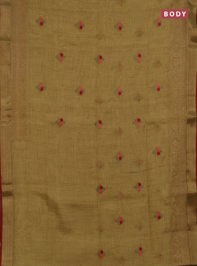 Linen saree dark mustard with embroidery buttas and embroidery pallu & border