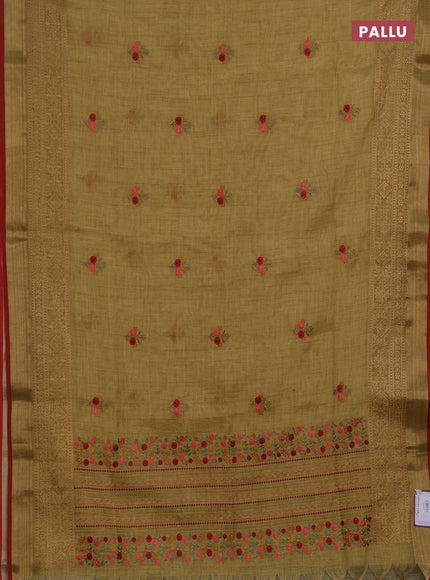 Linen saree dark mustard with embroidery buttas and embroidery pallu & border