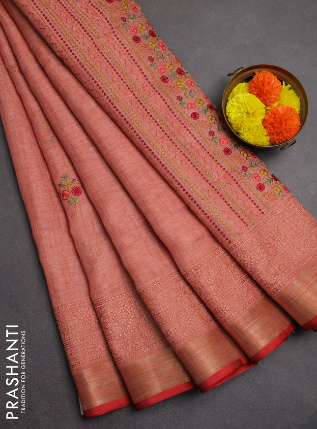 Linen saree dark peach with embroidery buttas and embroidery pallu & border