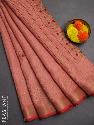 Linen saree dark peach with embroidery buttas and embroidery pallu & border