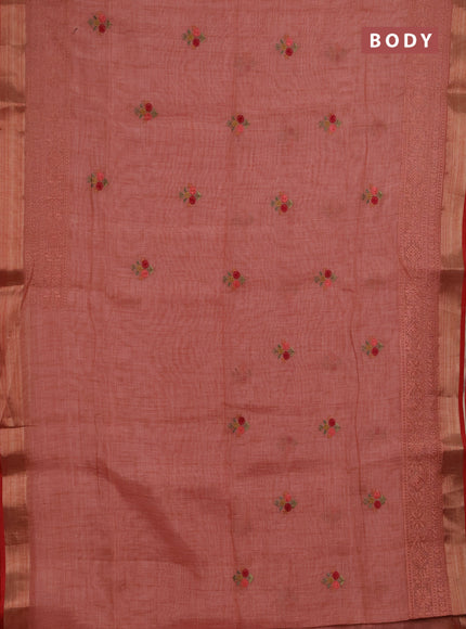 Linen saree dark peach with embroidery buttas and embroidery pallu & border
