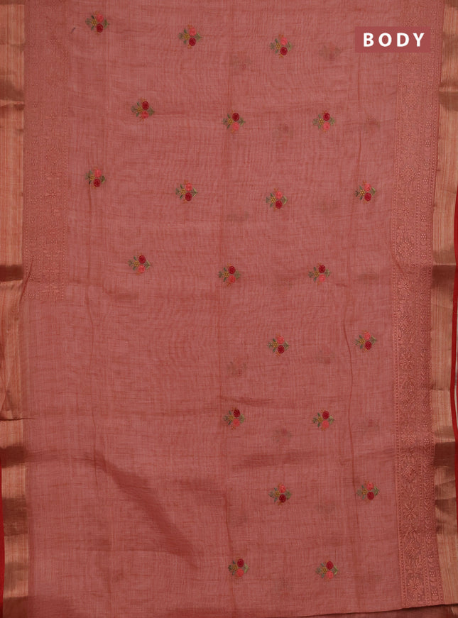 Linen saree dark peach with embroidery buttas and embroidery pallu & border