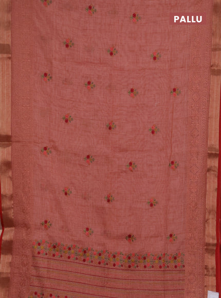 Linen saree dark peach with embroidery buttas and embroidery pallu & border