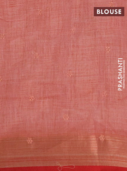 Linen saree dark peach with embroidery buttas and embroidery pallu & border