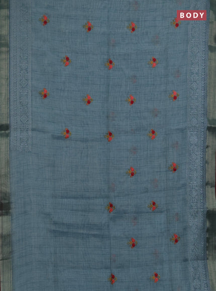 Linen saree pastel blue with embroidery buttas and embroidery pallu & border