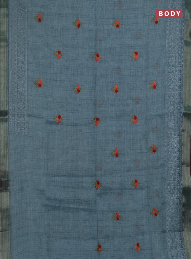 Linen saree pastel blue with embroidery buttas and embroidery pallu & border