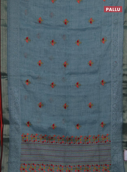 Linen saree pastel blue with embroidery buttas and embroidery pallu & border