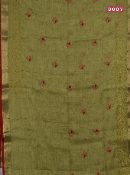 Linen saree light green with embroidery buttas and embroidery pallu & border