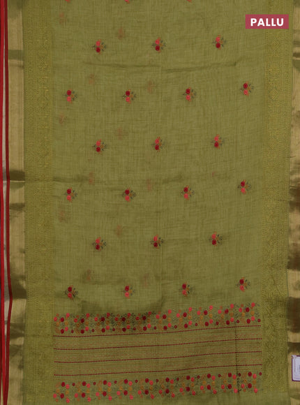 Linen saree light green with embroidery buttas and embroidery pallu & border