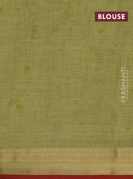 Linen saree light green with embroidery buttas and embroidery pallu & border