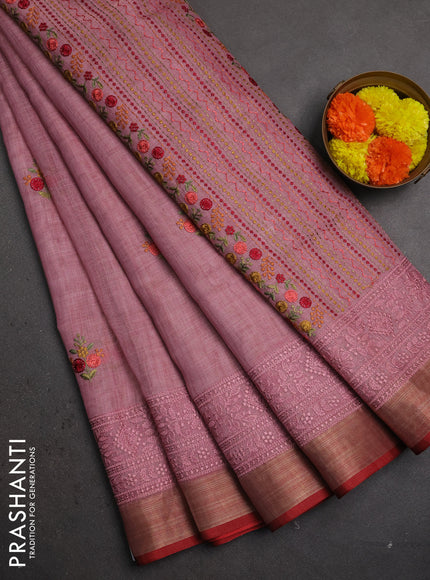 Linen saree pastel pink with embroidery buttas and embroidery pallu & border