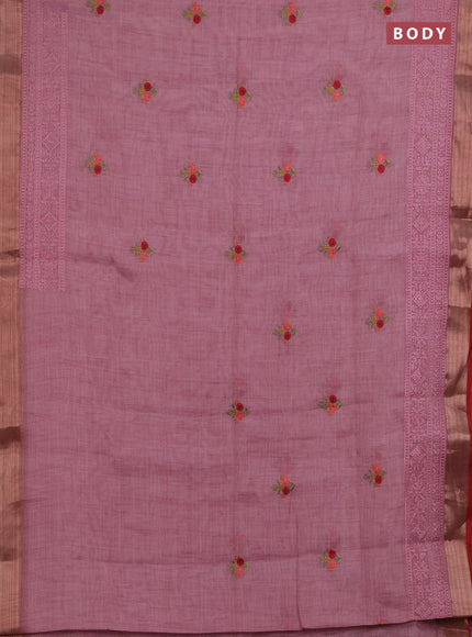 Linen saree pastel pink with embroidery buttas and embroidery pallu & border