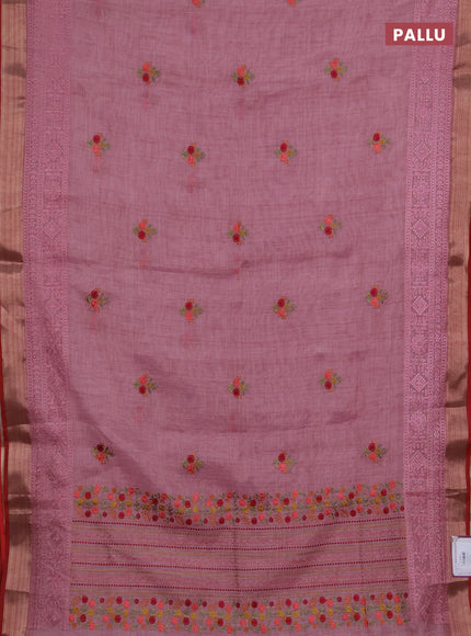 Linen saree pastel pink with embroidery buttas and embroidery pallu & border