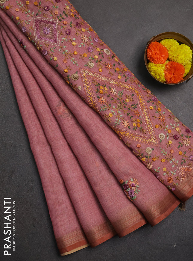 Linen saree pastel pink with embroidery buttas and embroidery pallu
