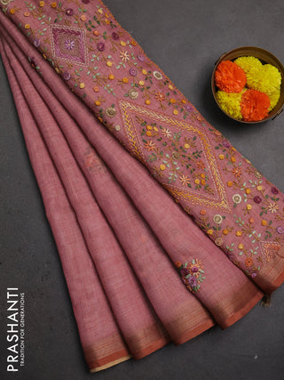 Linen saree pastel pink with embroidery buttas and embroidery pallu
