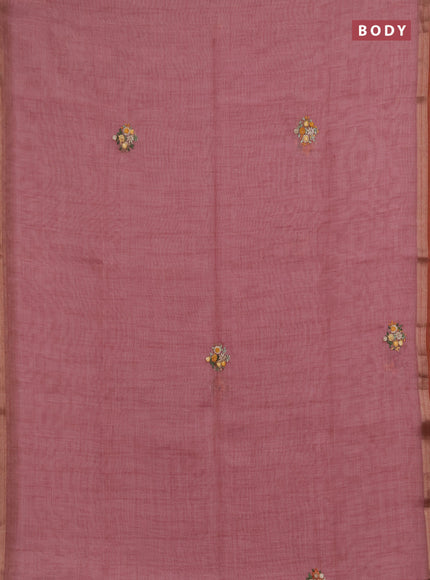 Linen saree pastel pink with embroidery buttas and embroidery pallu