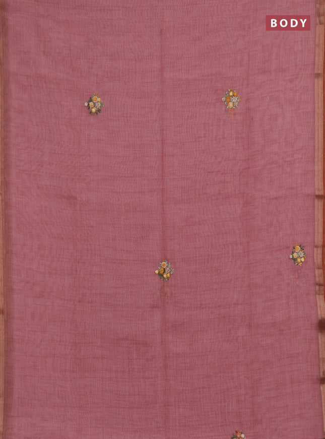 Linen saree pastel pink with embroidery buttas and embroidery pallu