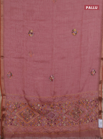 Linen saree pastel pink with embroidery buttas and embroidery pallu