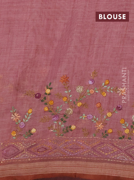 Linen saree pastel pink with embroidery buttas and embroidery pallu