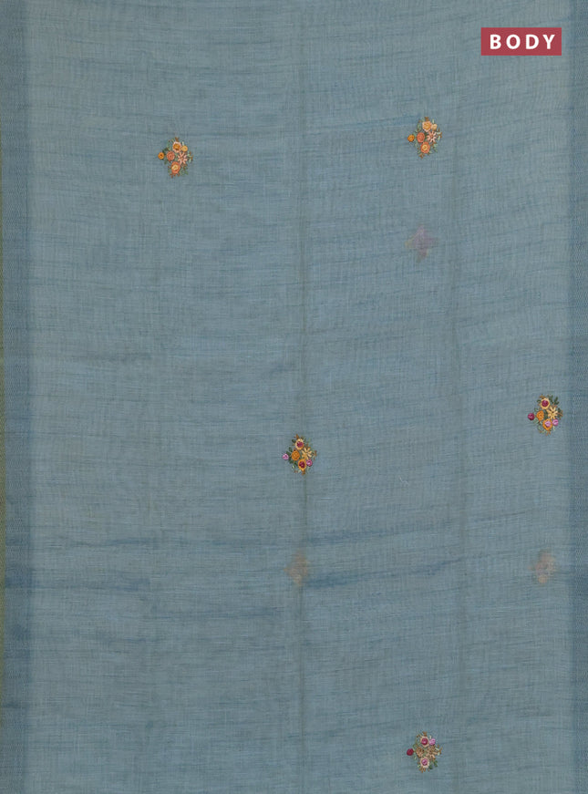 Linen saree pastel blue with embroidery buttas and embroidery pallu