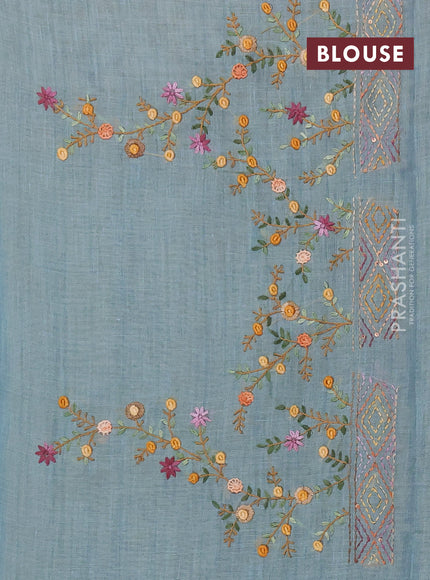 Linen saree pastel blue with embroidery buttas and embroidery pallu