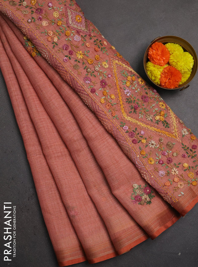 Linen saree dark peach with embroidery buttas and embroidery pallu