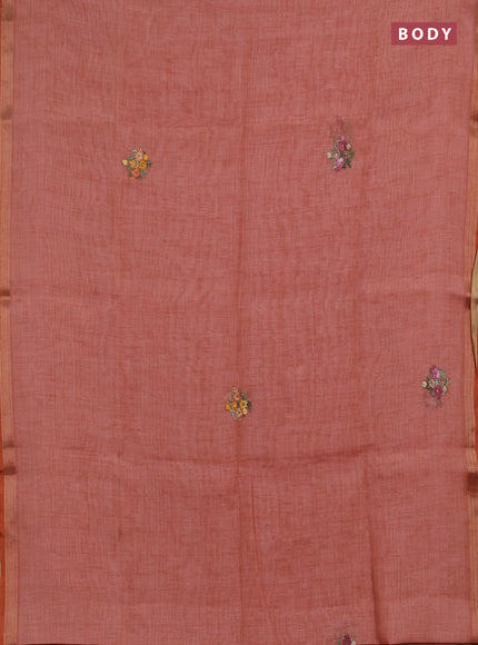 Linen saree dark peach with embroidery buttas and embroidery pallu
