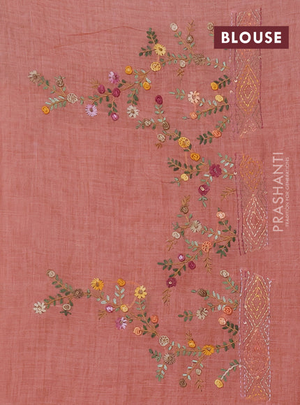 Linen saree dark peach with embroidery buttas and embroidery pallu