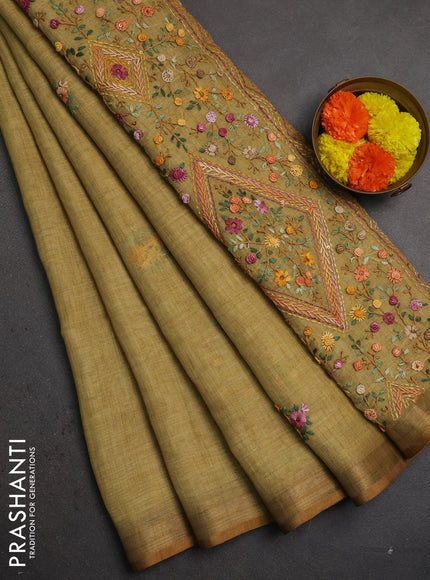Linen saree dark mustard with embroidery buttas and embroidery pallu