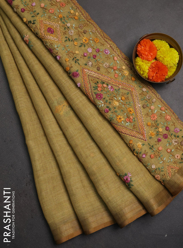 Linen saree dark mustard with embroidery buttas and embroidery pallu