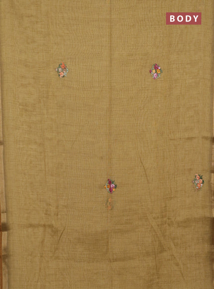 Linen saree dark mustard with embroidery buttas and embroidery pallu